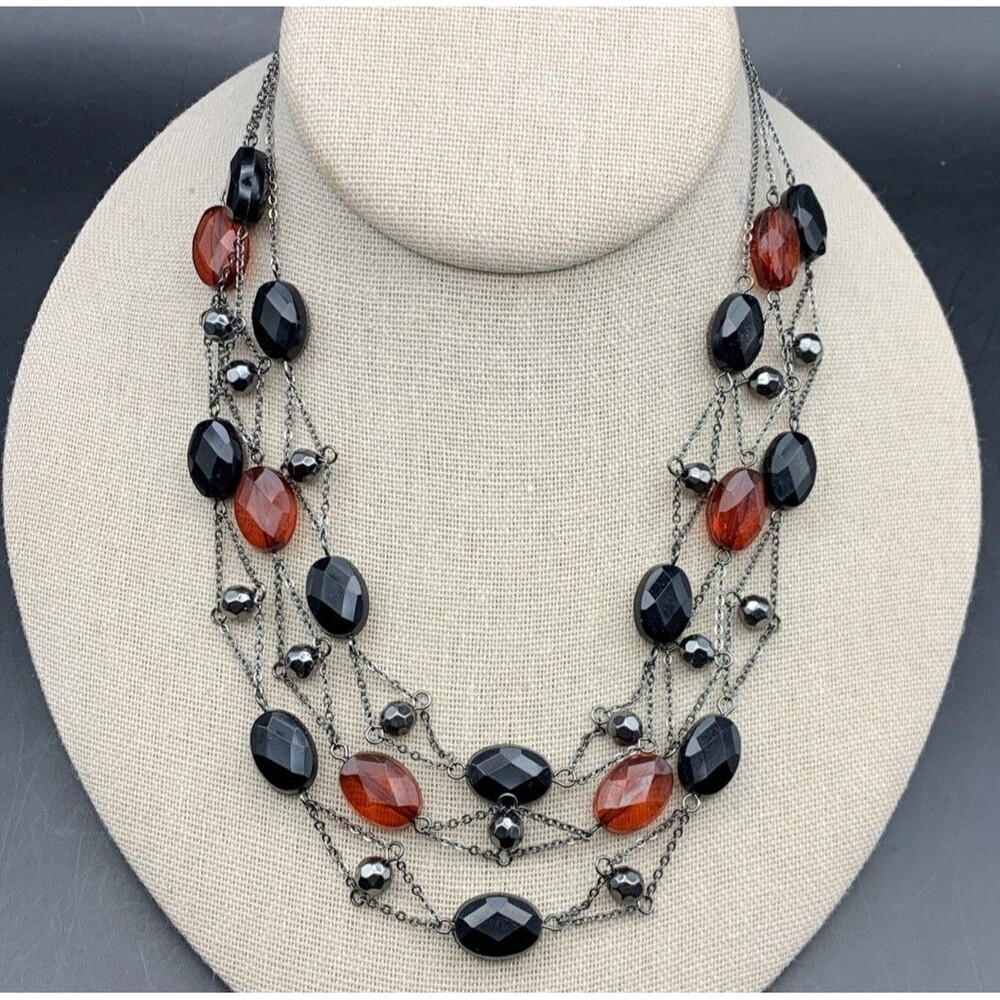 1928 Layered Necklace Gunmetal Black Red Acrylic Multi Chain Elegant